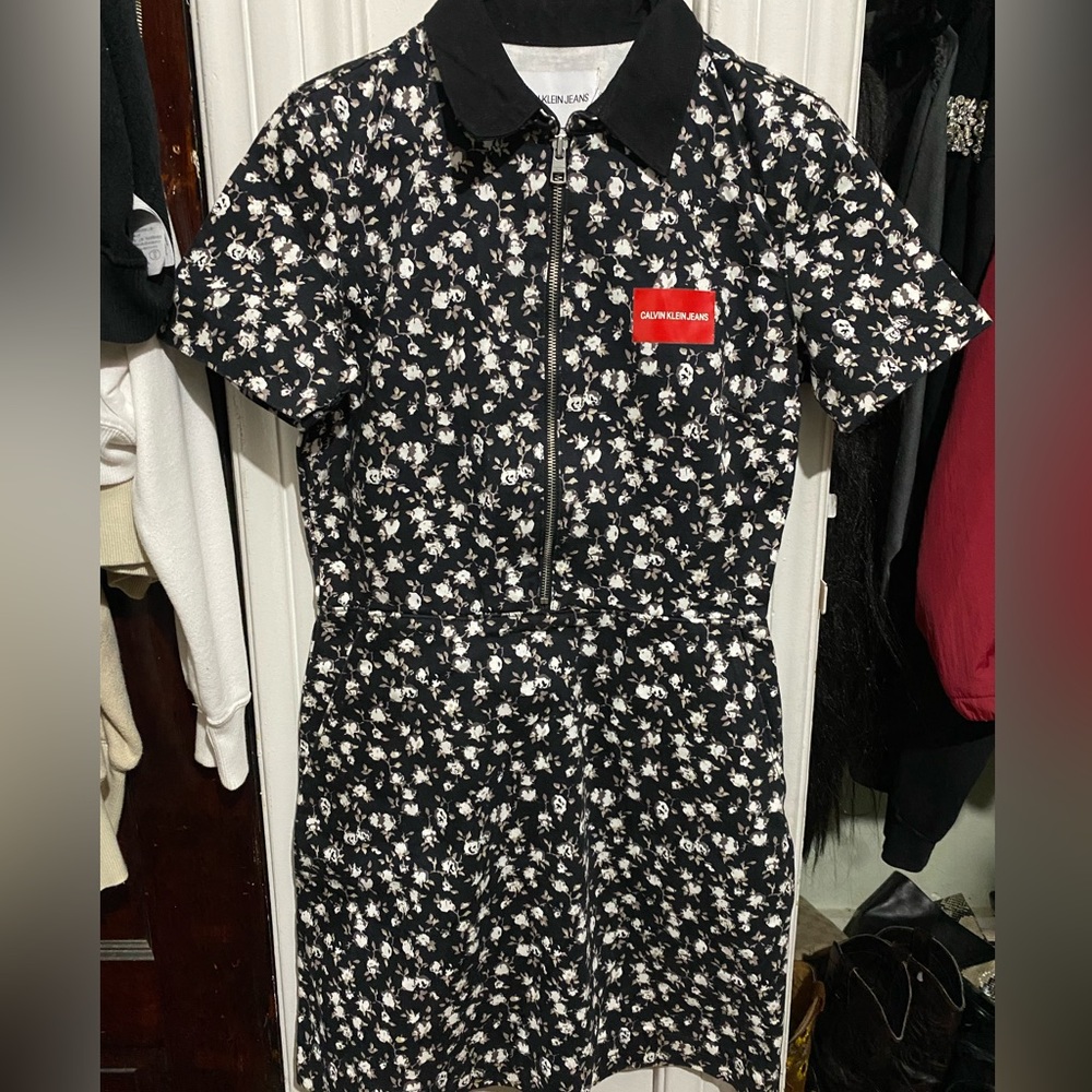 Calvin Klein Denim Black Floral dress W/ Zipper